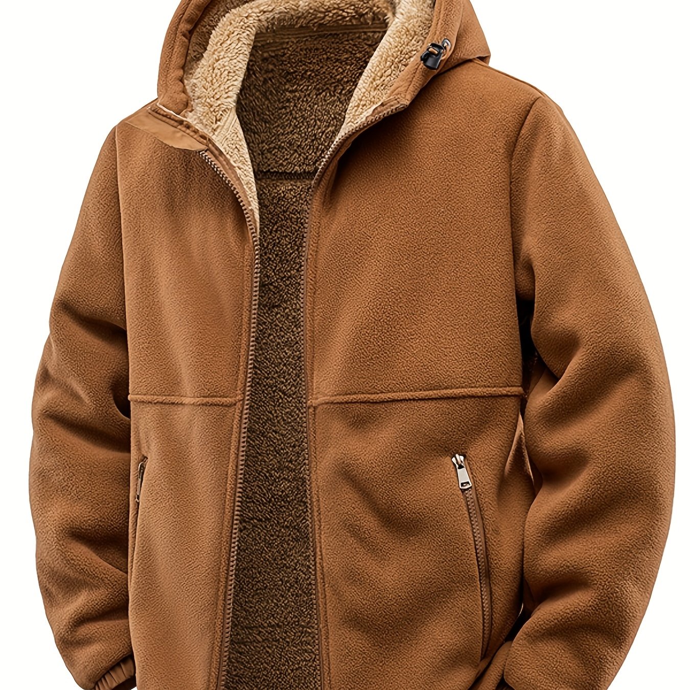 Mens Thick Synthetic Like Hooded Jacket Windproof Winter Coat Full Zip Relaxed Fit Camping Outerwear