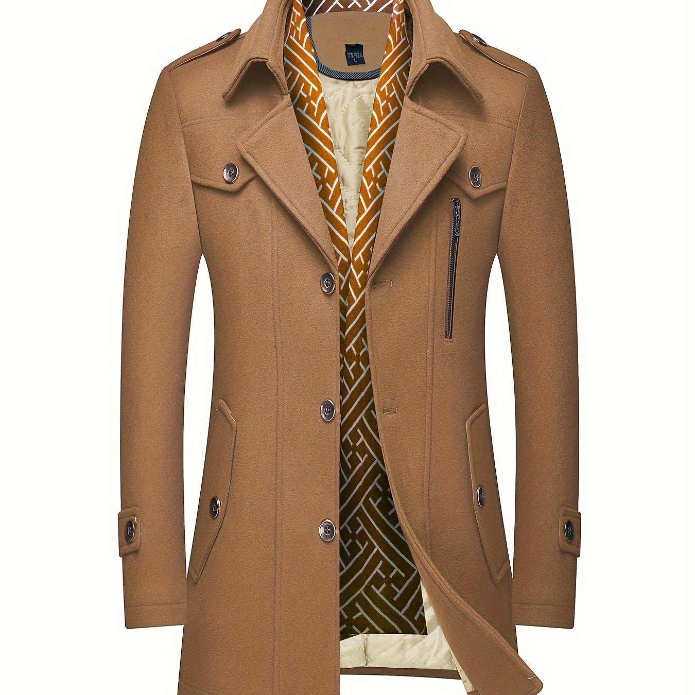 Mens Wool Blend Winter Coat With Detachable Scarf Collar Single Breasted Trench Coat For Cold Weather