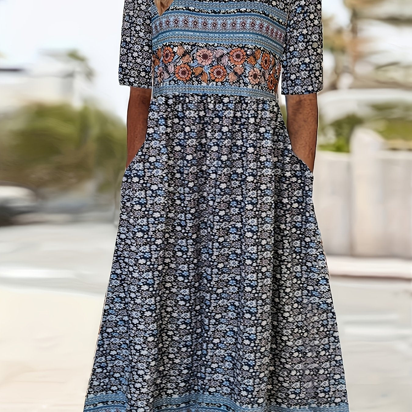 2025 Summer Ladies Casual Bohemian Dress Short Sleeve Crew Neck Pocket Dress Loose Casual Dress Bohemian Beach Dress