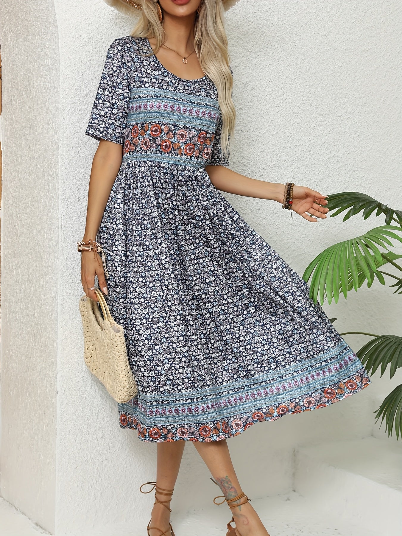 2025 Summer Ladies Casual Bohemian Dress Short Sleeve Crew Neck Pocket Dress Loose Casual Dress Bohemian Beach Dress
