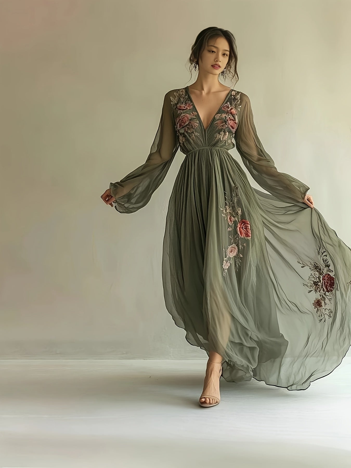 Fashion Elegant Bohemian Style Net Yarn Printed Long Dress Romantic Gowns Dresses