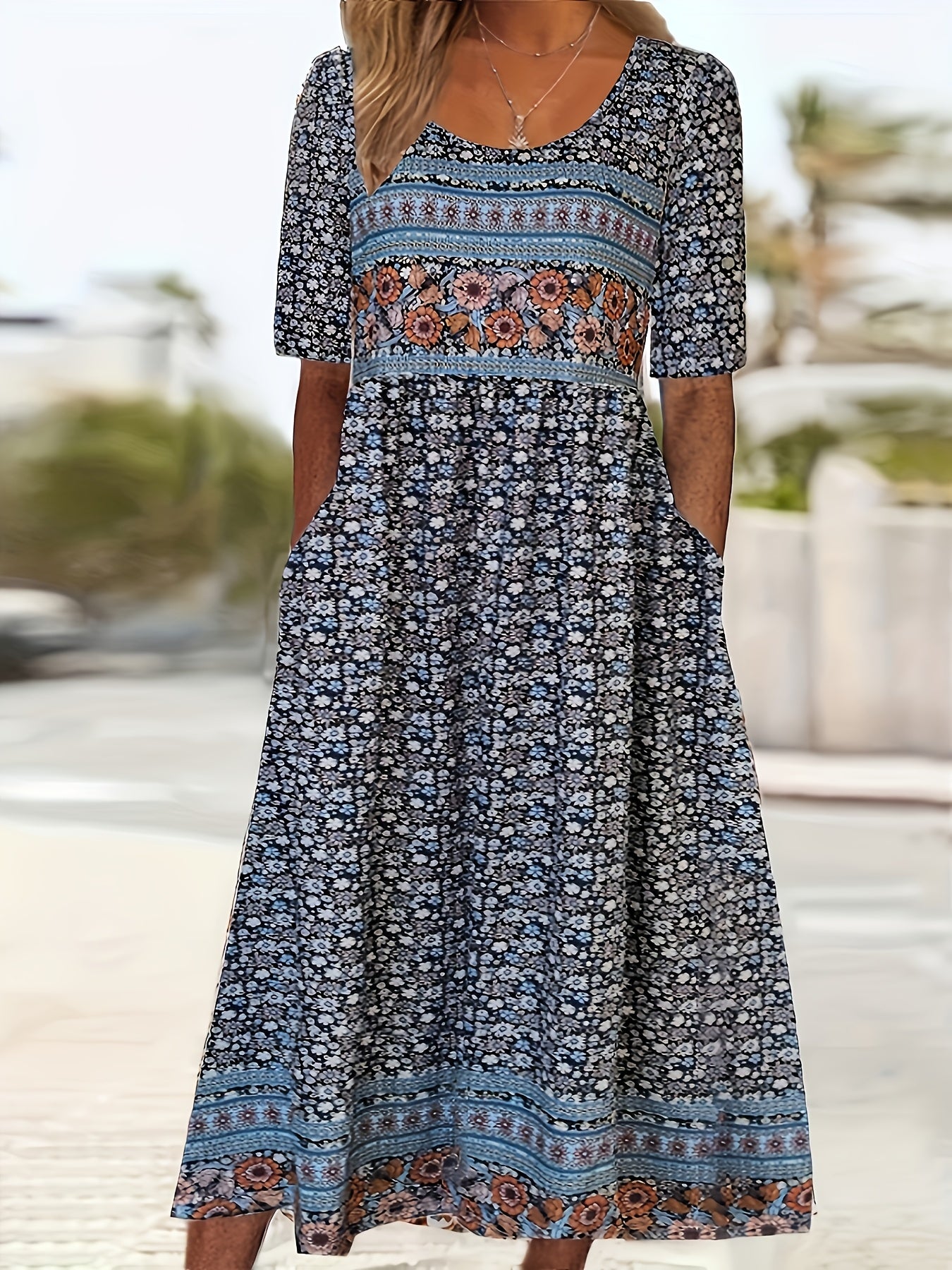 2025 Summer Ladies Casual Bohemian Dress Short Sleeve Crew Neck Pocket Dress Loose Casual Dress Bohemian Beach Dress