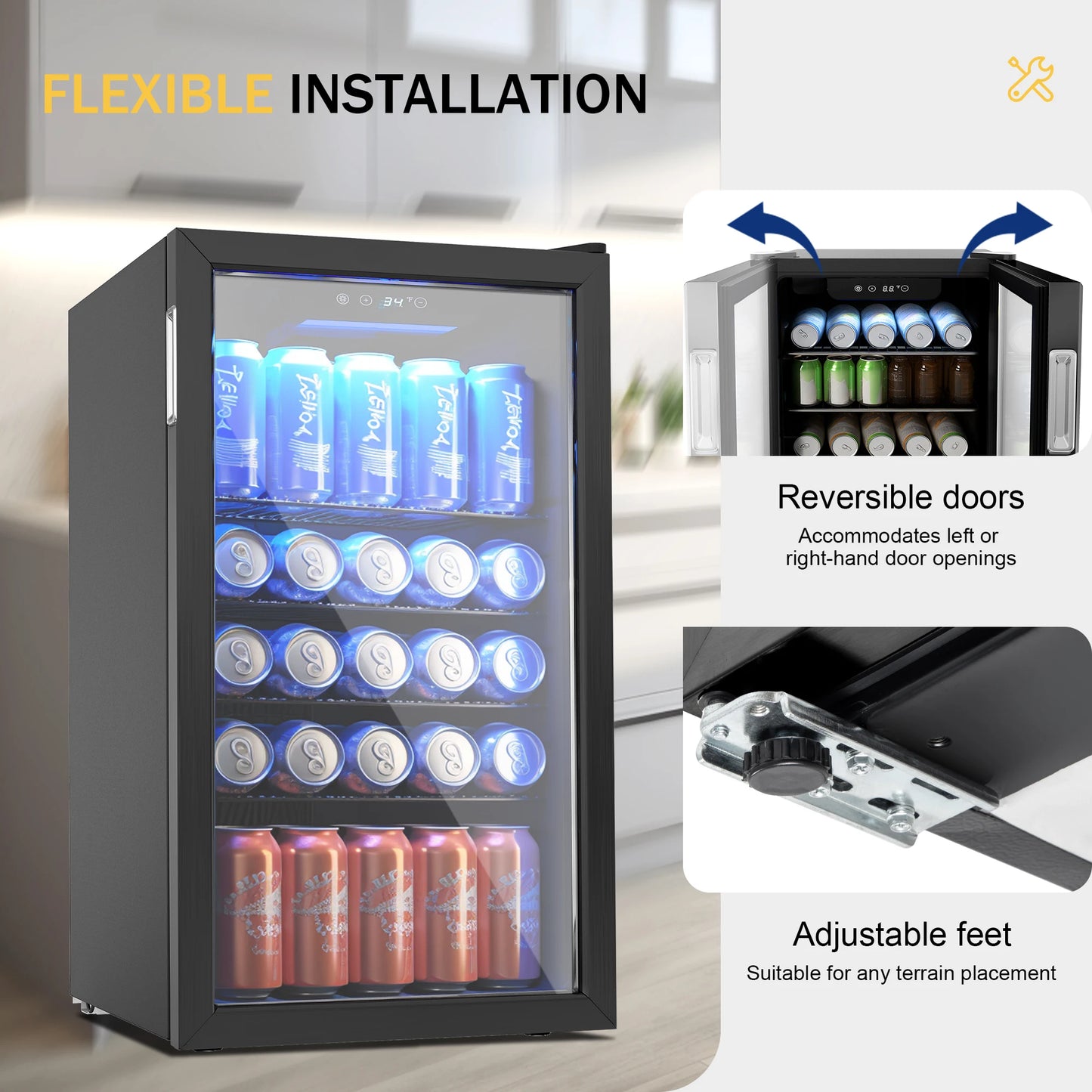SIMZLIFE Beverage Refrigerator and Cooler, 125 Can Mini fridge with Glass Door for Home/Bar/Office, Black