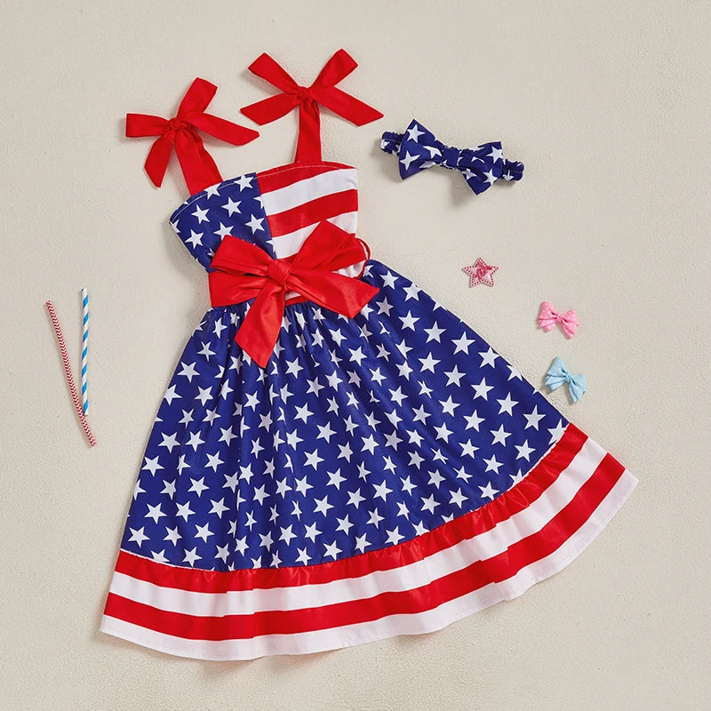 Girls American Flag Ruffle Dress with Matching Headband - Ky Ky Kiwi