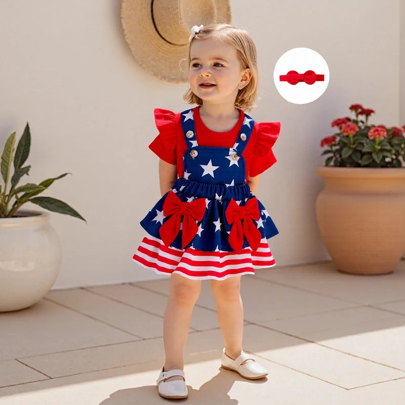 Toddler Girls Independence Day Clothing Set with Headband Outfit - Ky Ky Kiwi