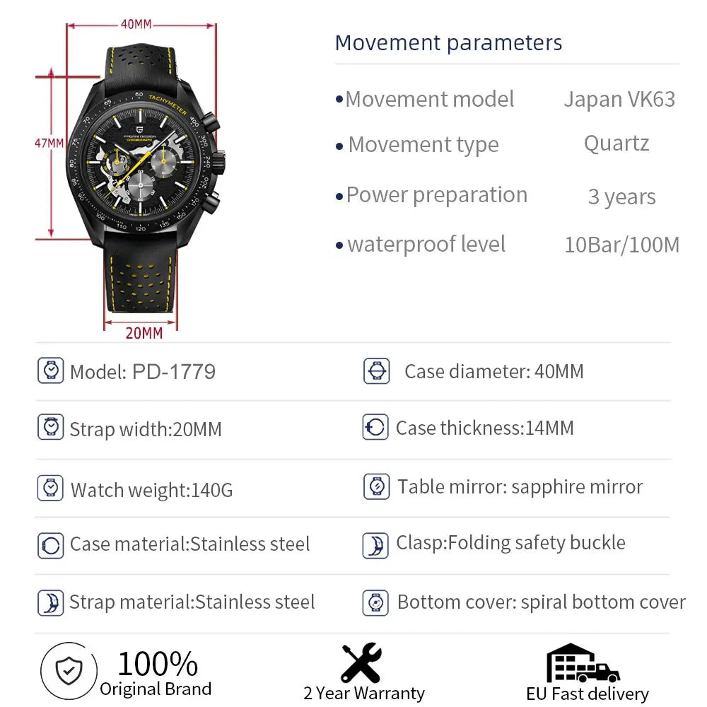 PAGANI DESIGN 2024 New Moon Dark Men's Watches Luxury Quartz Watch Men Skeleton Sport Chronograph AR Sapphire glass Wrist Watch