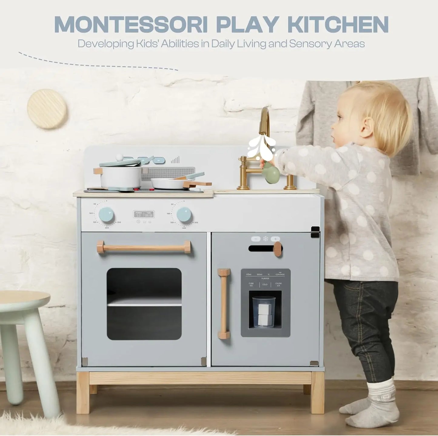 Robotime Play Kitchen Wooden Kids Play Kitchen Playset with Real Lights Sounds Ice Cube Dispenser Blue Toy Kitchen For Ages 3+