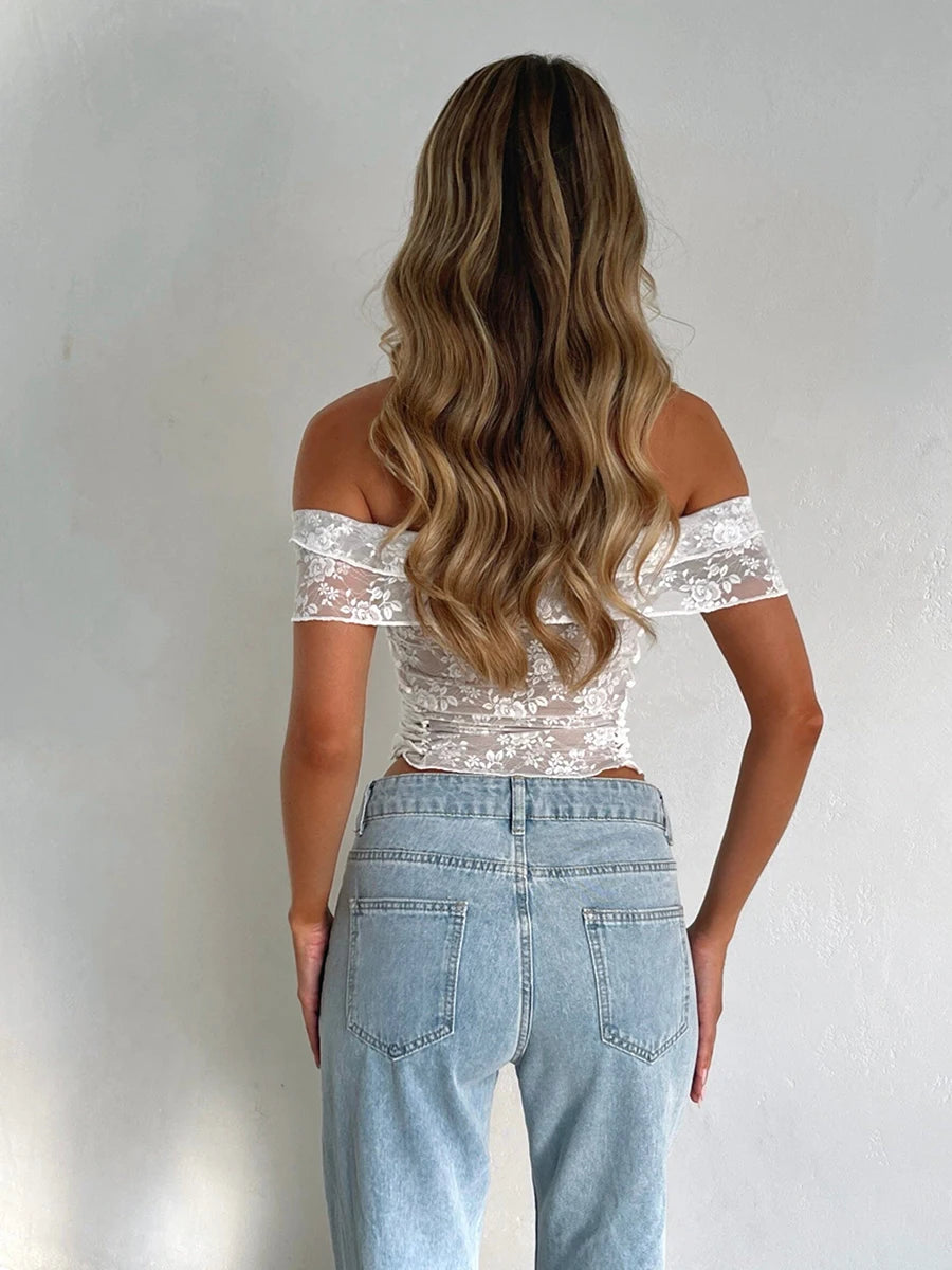 Women’s Summer Outfits Floral Embroidery Off Shoulder Tops High Waist Layered Pleated Short Skirts 2 Piece Set