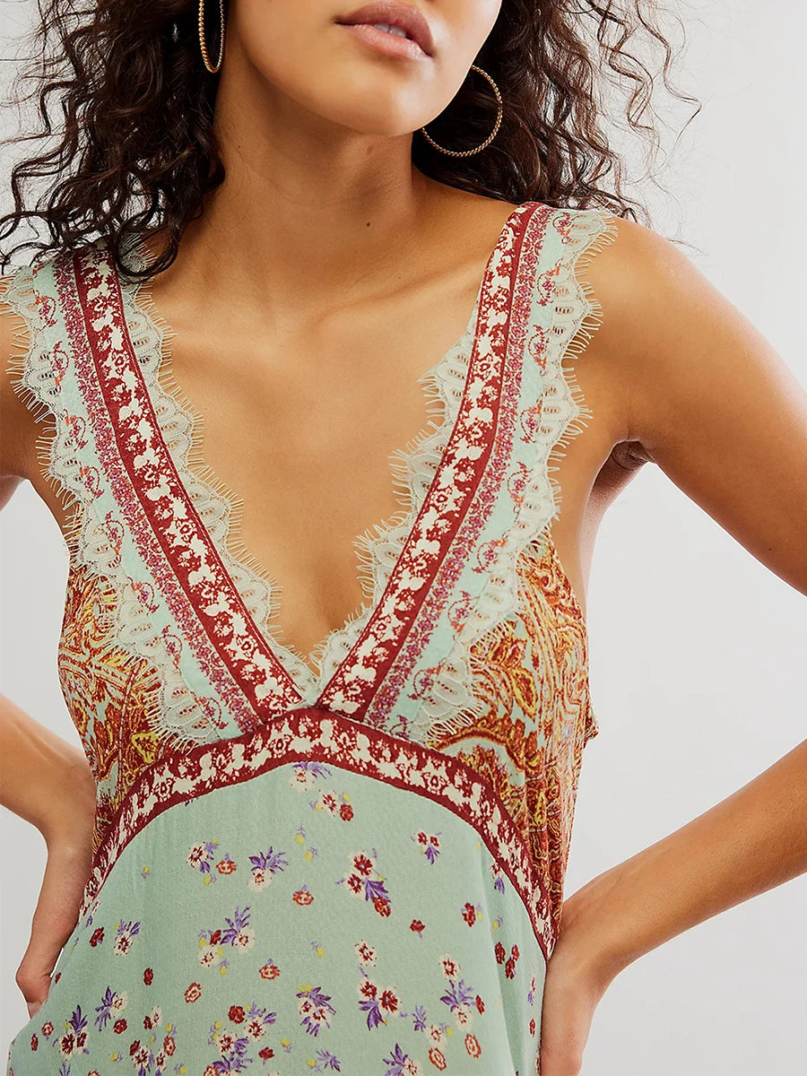Women’s Sleeveless Lace Trim Dress Eyelash Deep V-Neck Floral Print Backless Mini Dress