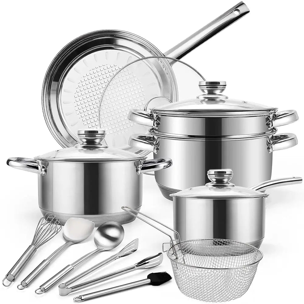 15-Piece Stainl Steel Cookware Set, Pots And Pans Set With Glass Lids, Kitchen Induction Cookware With Steamer, Utensils Set &