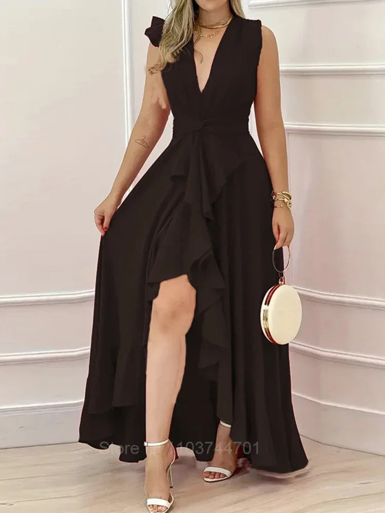 Women Evening Dresses Elegant Party Dresses Women Summer Deep V Neck Sleeveless A-Line Long Dress Solid Red Cocktail Dresses