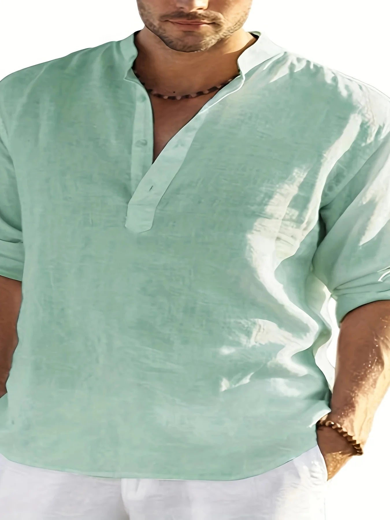 Men's Linen Stand Collar Long Sleeve T-Shirt for Summer - Ky Ky Kiwi