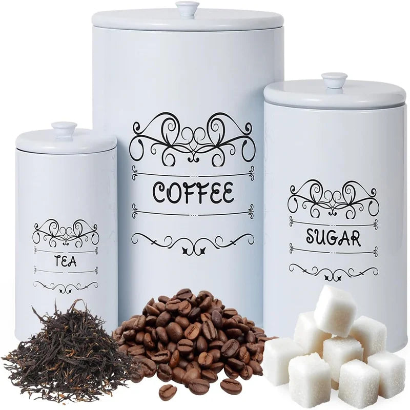 Kitchen Canisters Set of 3, Food Storage Containers with Airtight Lids, Countertop Coffee Tea Sugar Canisters for Home Decor, Wh