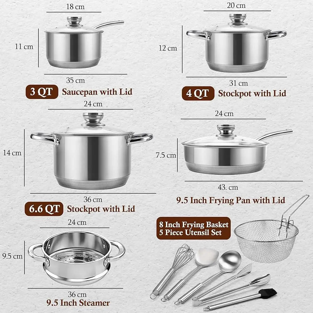 15-Piece Stainl Steel Cookware Set, Pots And Pans Set With Glass Lids, Kitchen Induction Cookware With Steamer, Utensils Set &