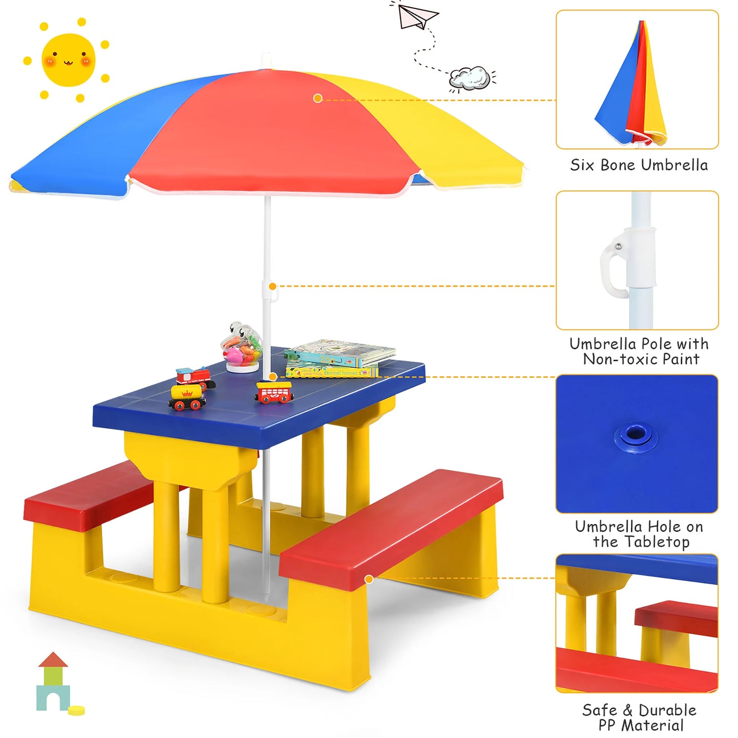 Kids Picnic Table Set with Removable Umbrella for Fun Playtime - Ky Ky Kiwi