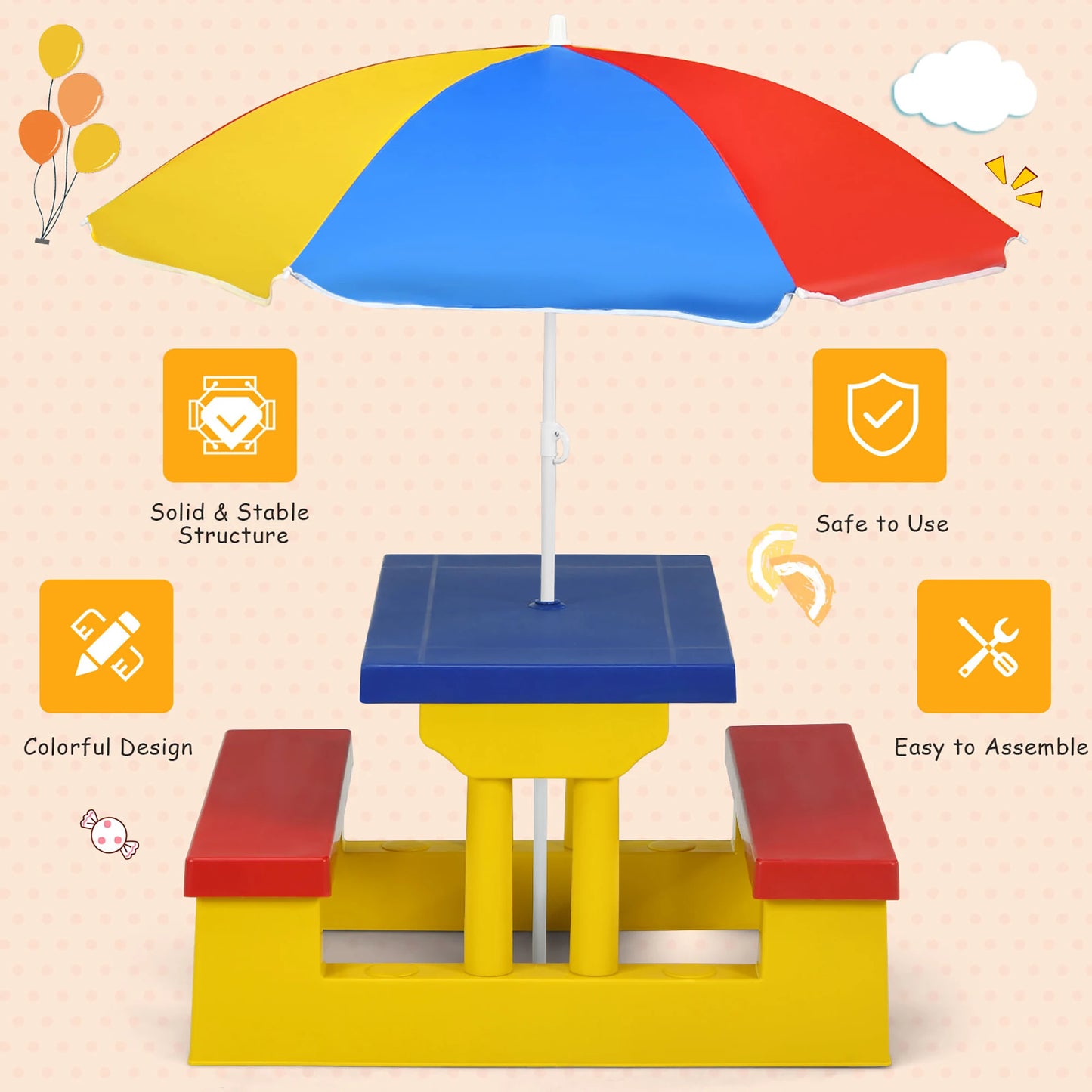 Kids Picnic Table Set with Removable Umbrella for Fun Playtime - Ky Ky Kiwi