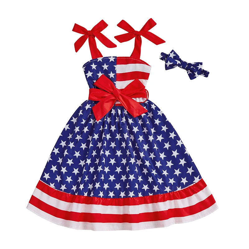 Girls American Flag Ruffle Dress with Matching Headband - Ky Ky Kiwi