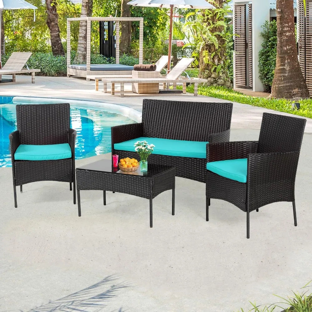 Outdoor Wicker Patio Conversation Set with Cushions and Table - Ky Ky Kiwi