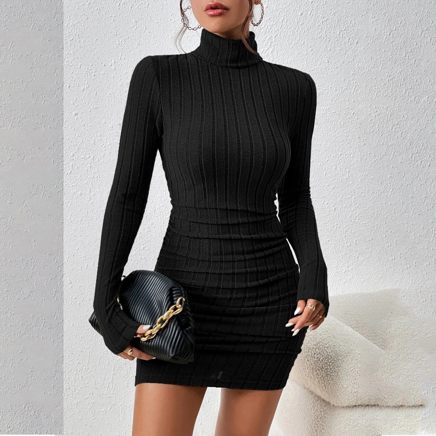 Women’s Solid Color Slimming Turtleneck Pullover Dress - Ky Ky Kiwi