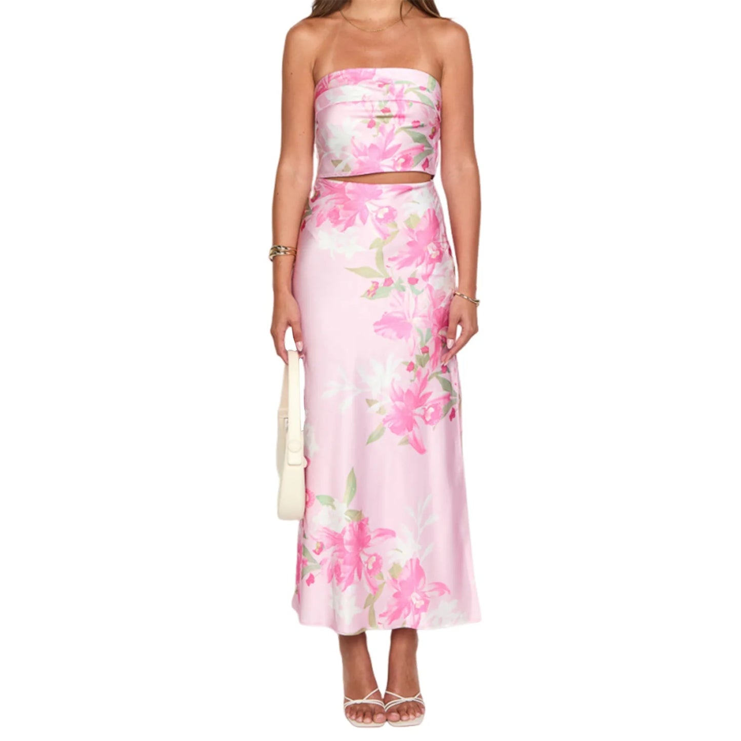 Elegant Floral Print Off-Shoulder Top and High Slit Maxi Skirt Set for Women s Summer Fashion Look