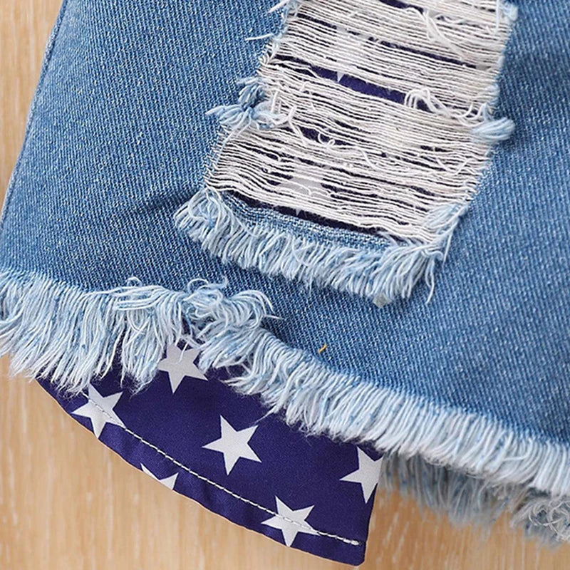 Girls American Flag Print Tank Top and Denim Shorts Set - Ky Ky Kiwi