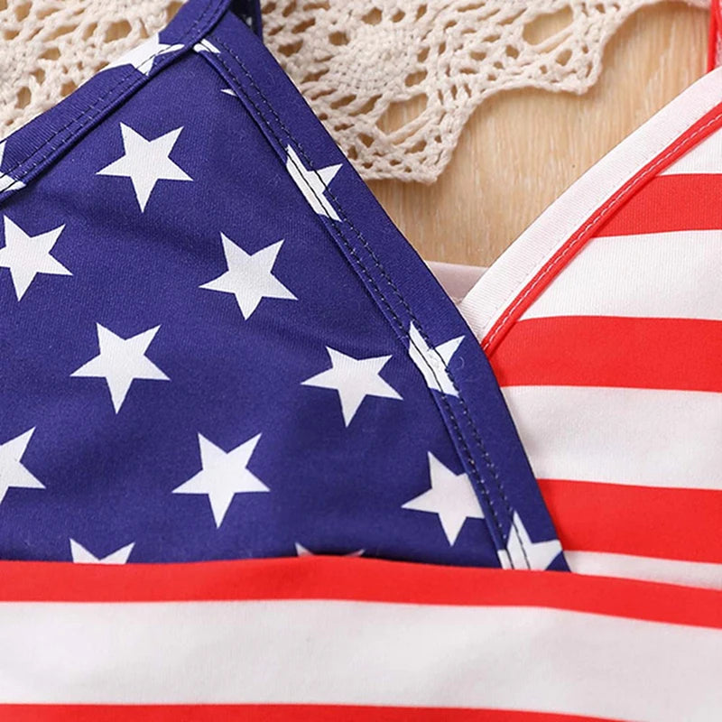Girls American Flag Print Tank Top and Denim Shorts Set - Ky Ky Kiwi