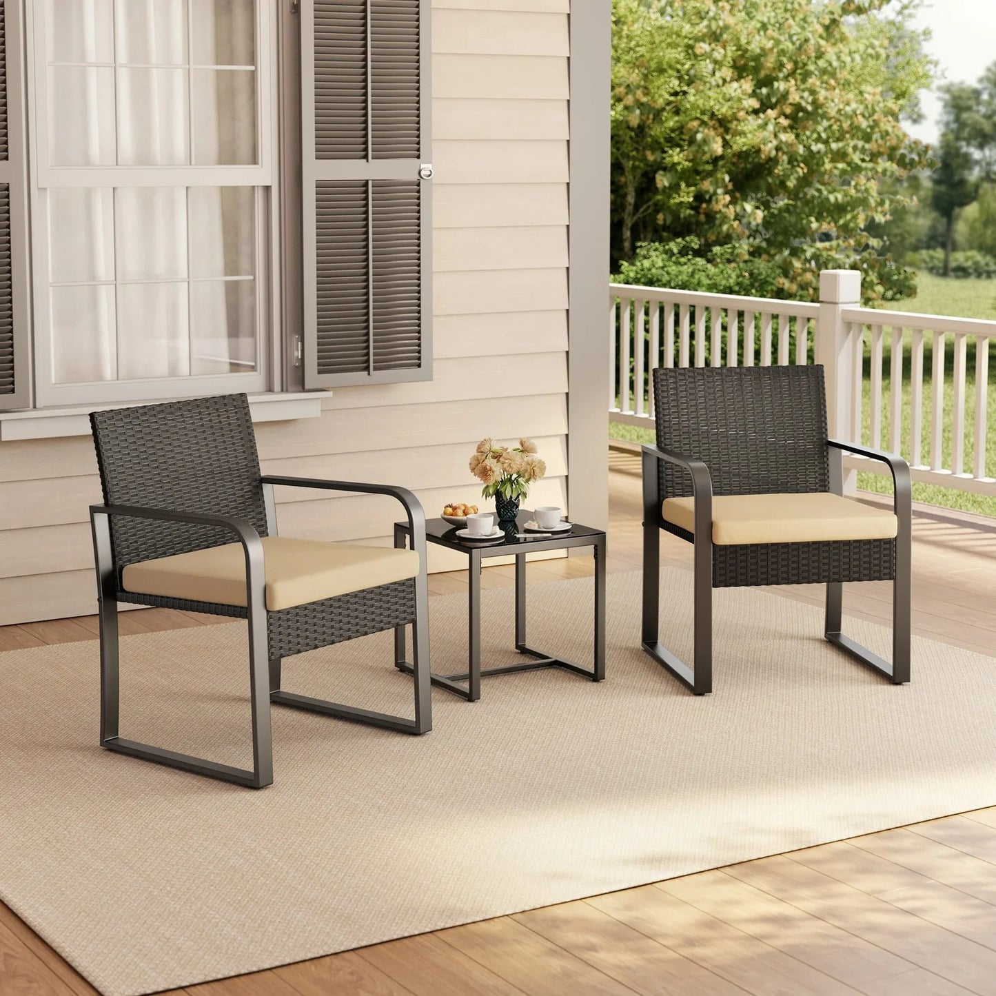 Outdoor Rattan Patio Chairs Set with Glass Coffee Table - Ky Ky Kiwi