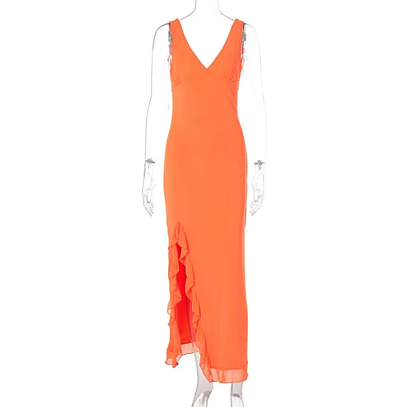 Ruffle Sexy Dresses Elegant Sleeveless cocktail dresses Solid Color V Neck Split Wooden Ear Long Club Party Evening Dresses