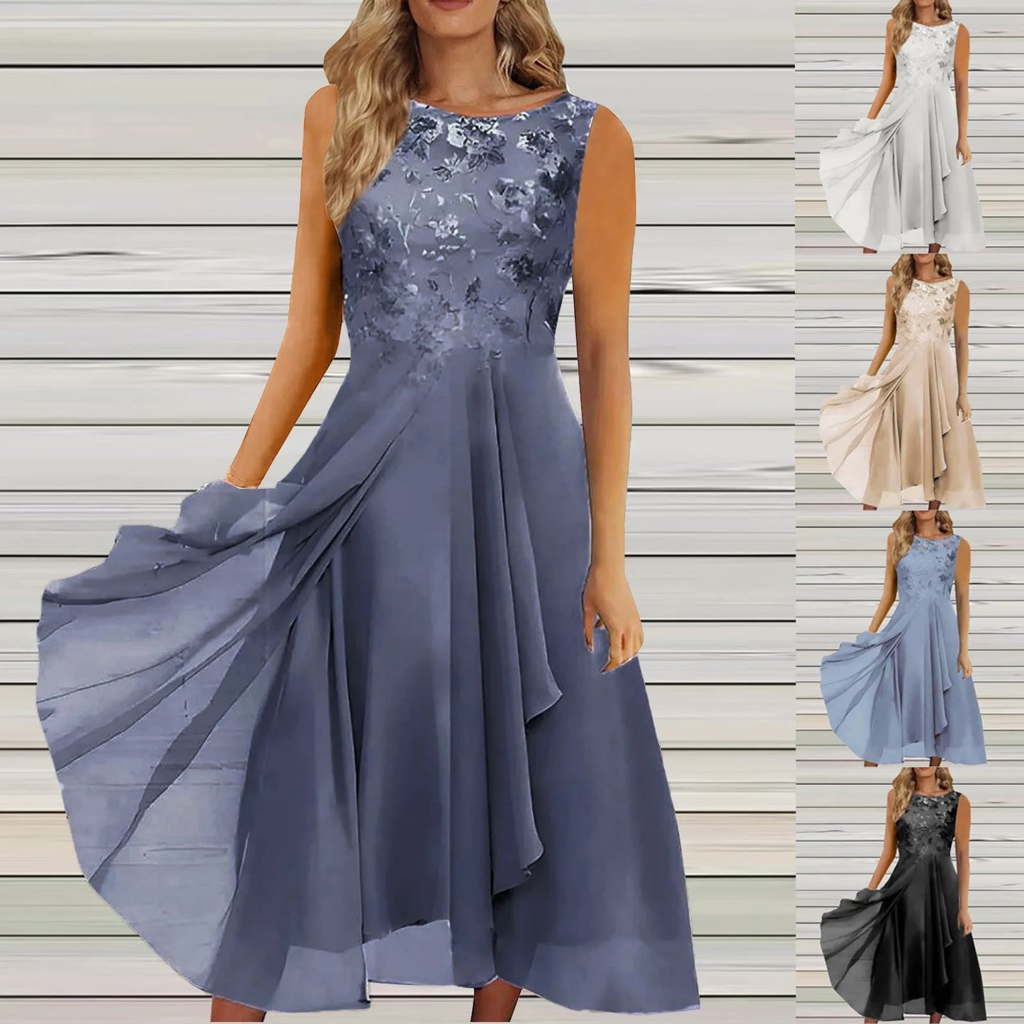 Women'S Dress Chiffon Elegant Lace Patchwork Dress Cut-Out Sleeveless Dress Bridesmaid Evening Dress Ropa De Mujer