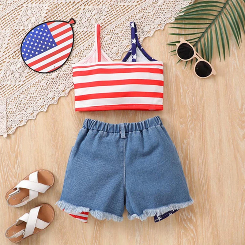 Girls American Flag Print Tank Top and Denim Shorts Set - Ky Ky Kiwi