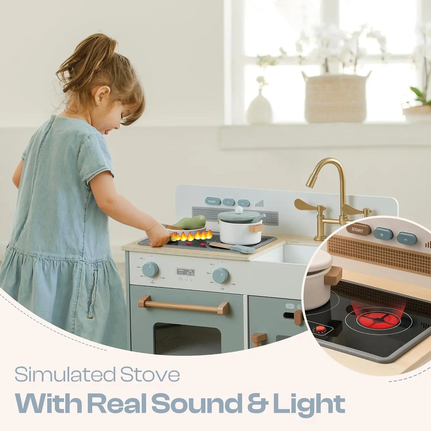 Robotime Play Kitchen Wooden Kids Play Kitchen Playset with Real Lights Sounds Ice Cube Dispenser Blue Toy Kitchen For Ages 3+