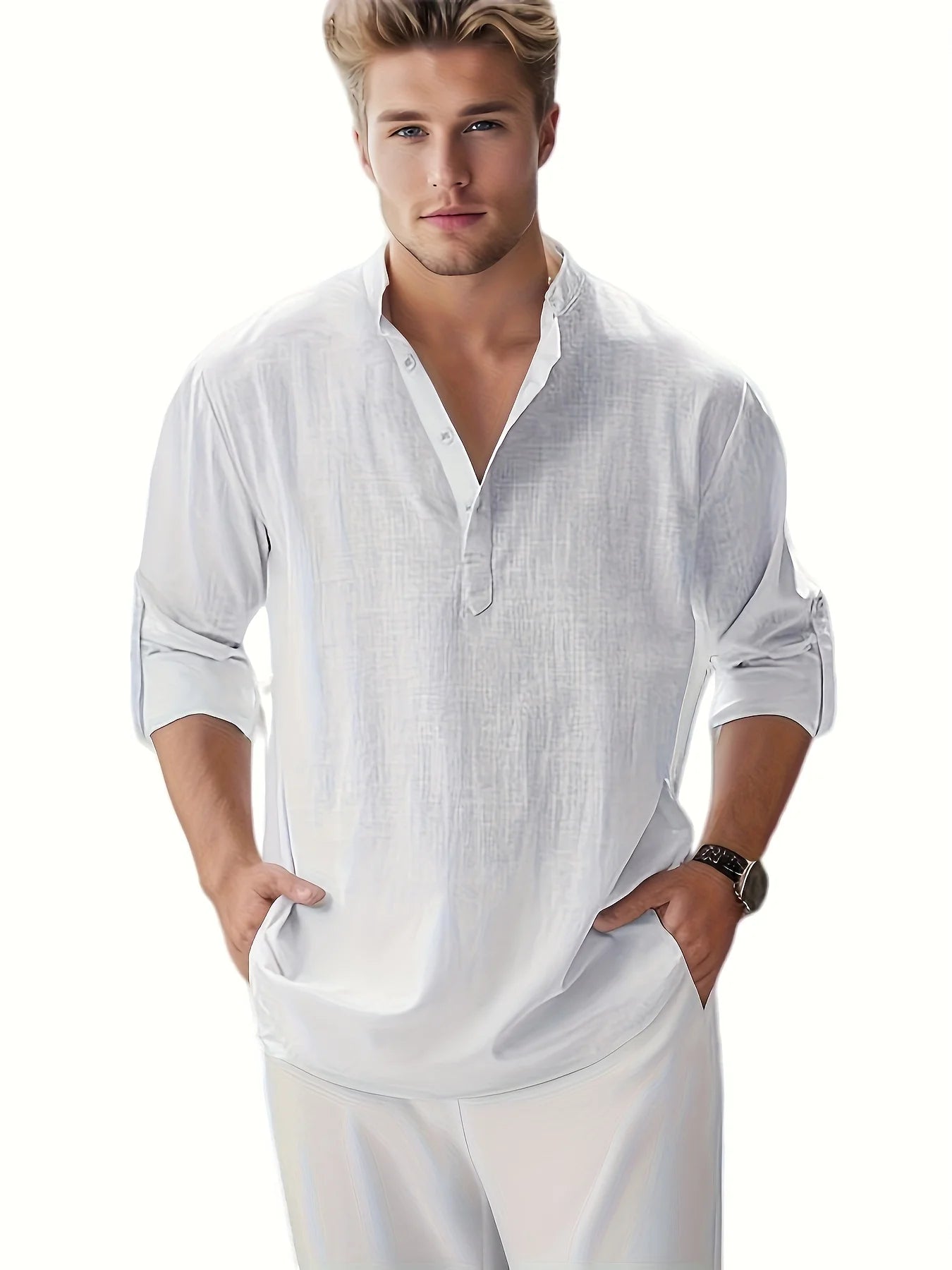 Men's Linen Stand Collar Long Sleeve T-Shirt for Summer - Ky Ky Kiwi