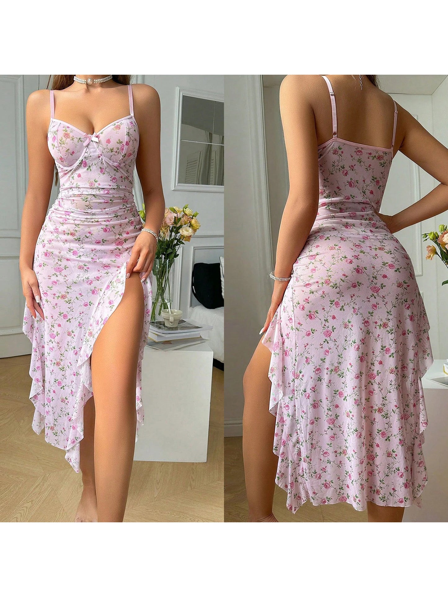 Women s Lace Trimmed Satin Nightgown Spaghetti Strap Chemise Dress Floral Print Sleepwear Lingerie Nightdress Midi