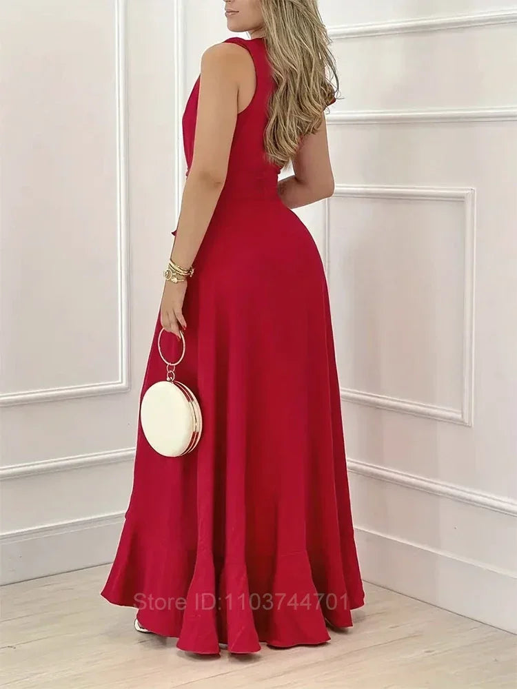 Women Evening Dresses Elegant Party Dresses Women Summer Deep V Neck Sleeveless A-Line Long Dress Solid Red Cocktail Dresses