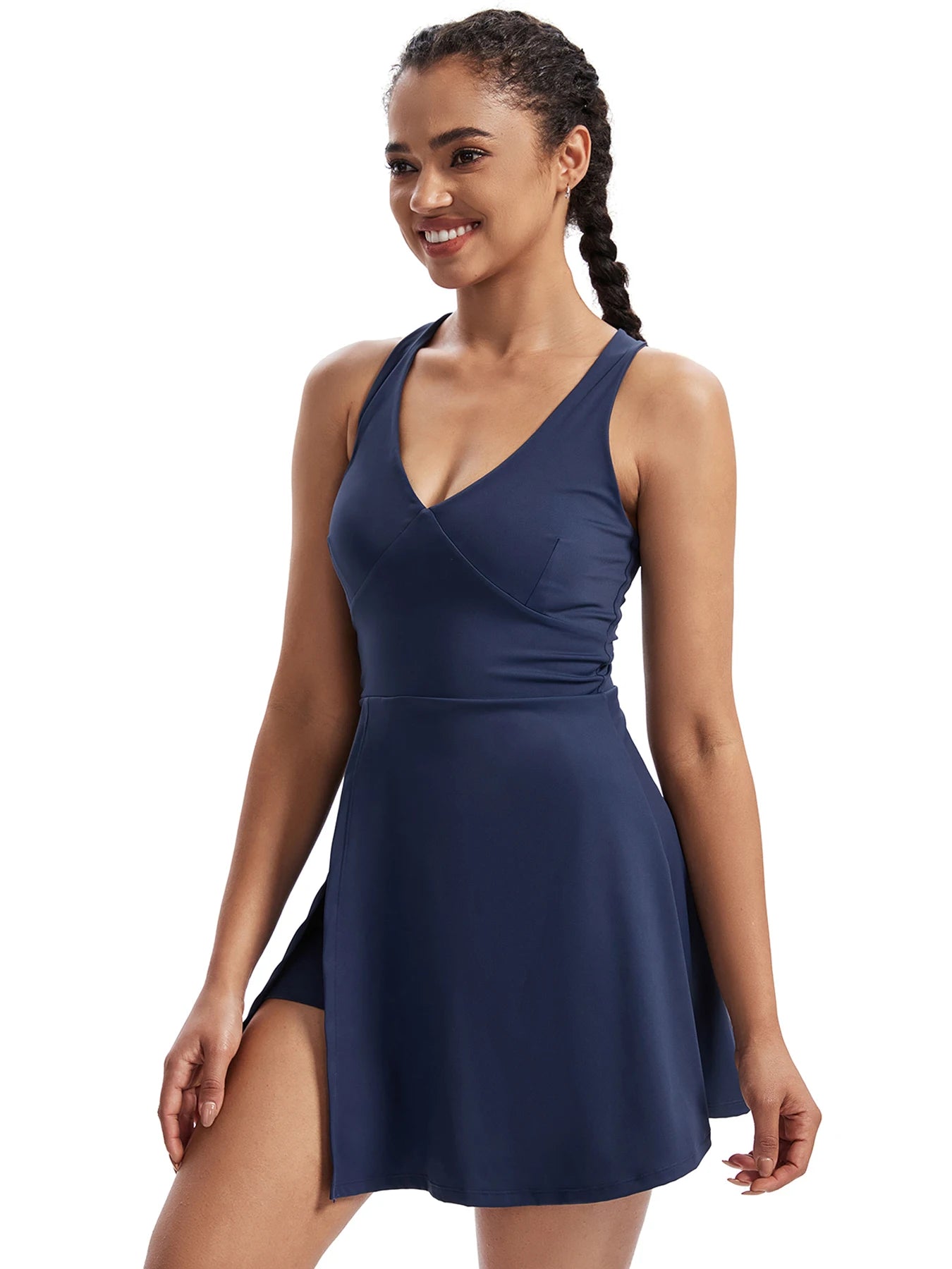 Womens V Neck Tennis Dress with Built-in Shorts and Pockets - Ky Ky Kiwi