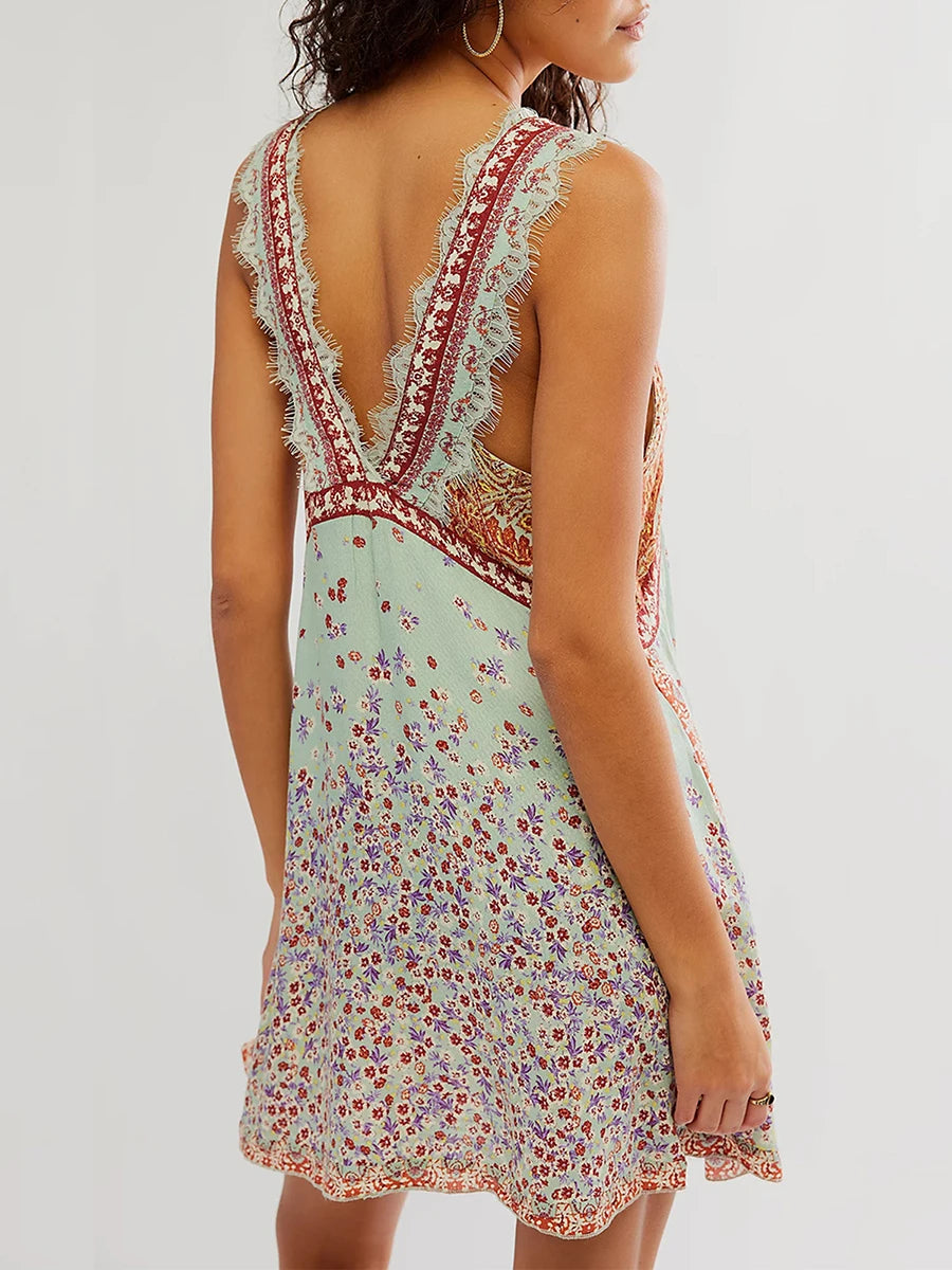Women’s Sleeveless Lace Trim Dress Eyelash Deep V-Neck Floral Print Backless Mini Dress