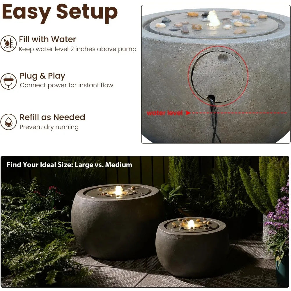 Outdoor Water Fountain With Lights And Pebbles For Gardens - Ky Ky Kiwi
