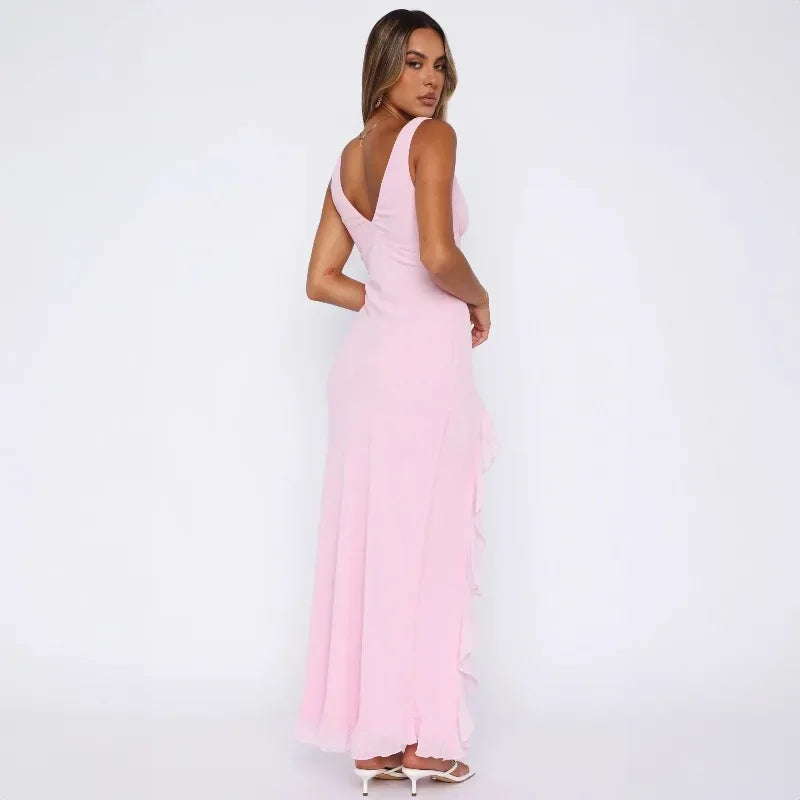 Ruffle Sexy Dresses Elegant Sleeveless cocktail dresses Solid Color V Neck Split Wooden Ear Long Club Party Evening Dresses