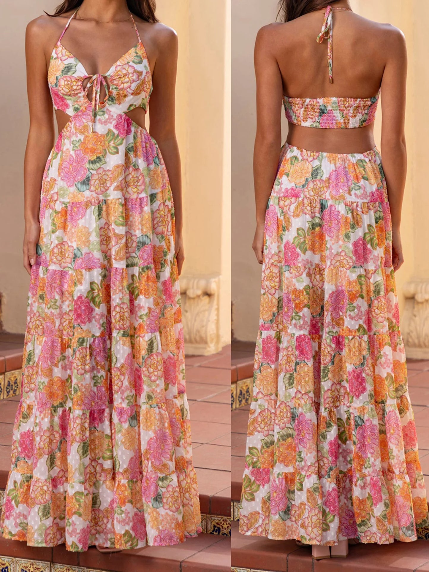 Elegant Maxi Dress with V-Neckline and Ruffle Detailing Boho Chic Sleeveless Floral Print Summer Dress for Women