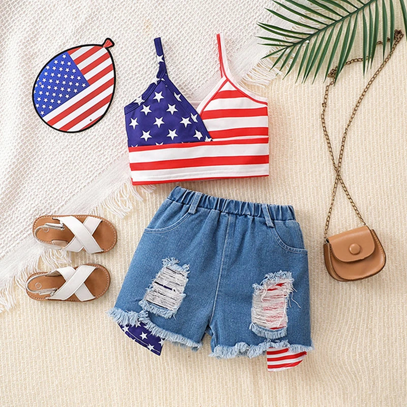 Girls American Flag Print Tank Top and Denim Shorts Set - Ky Ky Kiwi