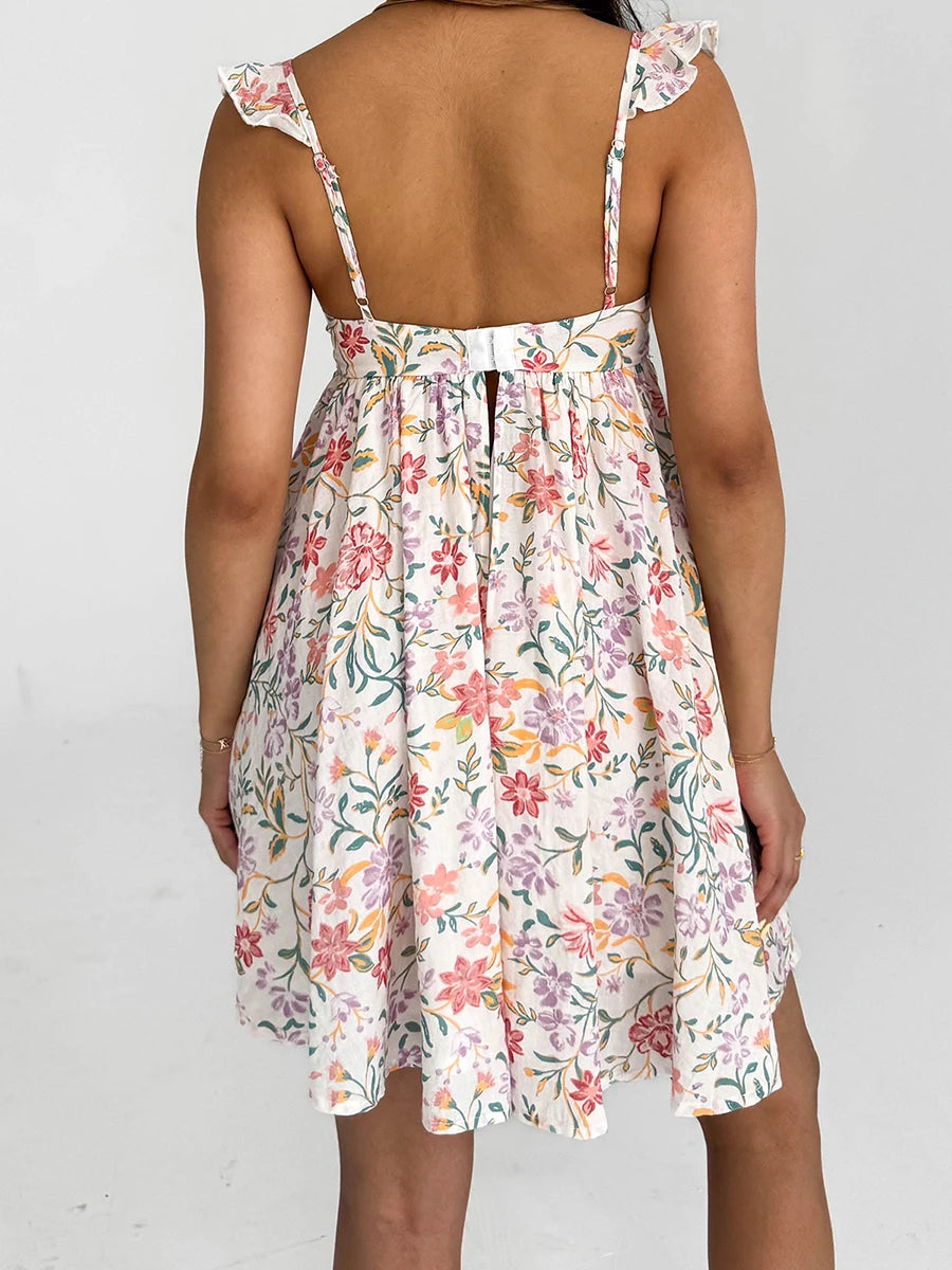 Women V-Neck Maxi Dress Sleeveless Ruffle Floral Print Boho Beach Dress Summer Casual Long Dress with Pockets
