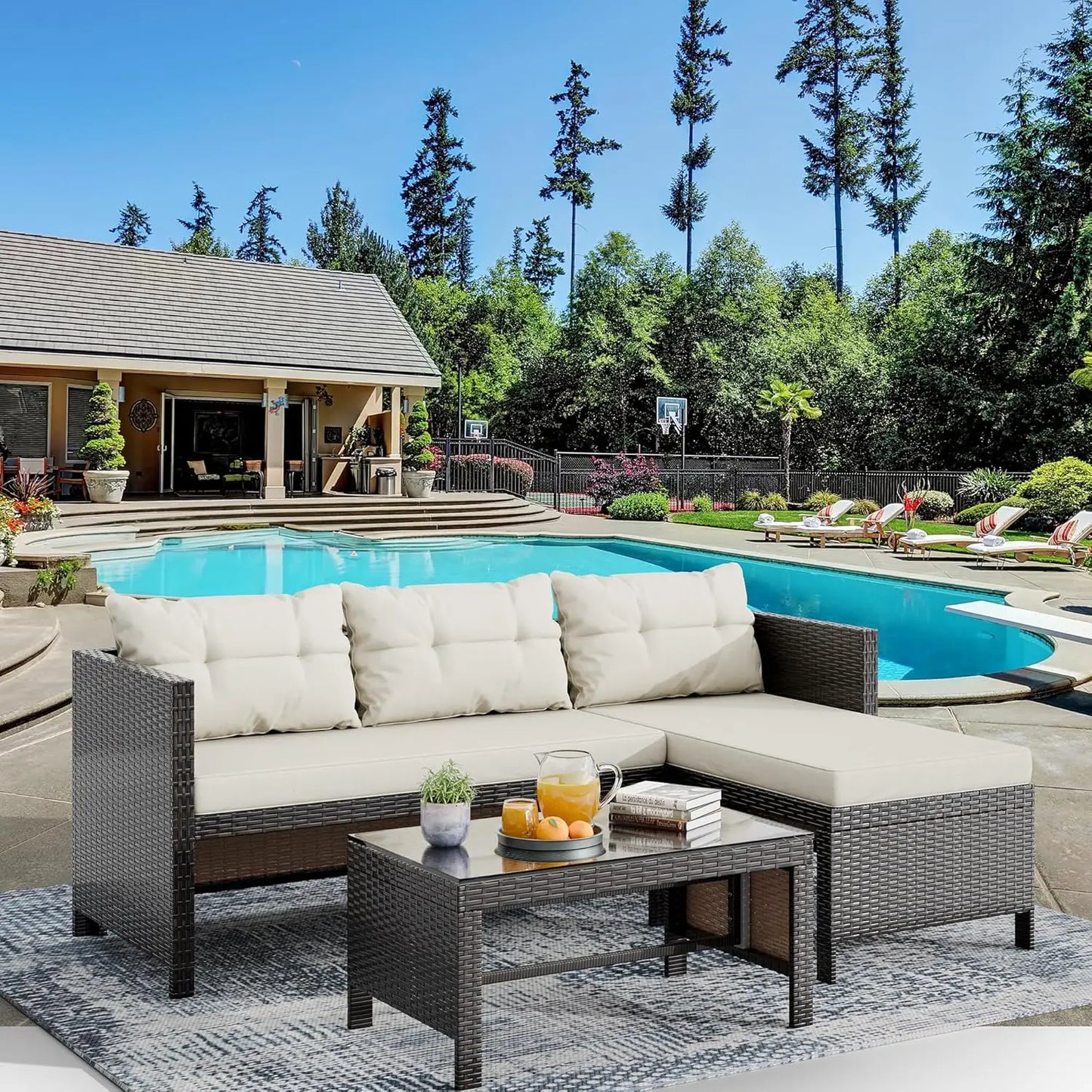 Waterproof Outdoor Sectional Sofa with Cushion and Glass Table - Ky Ky Kiwi