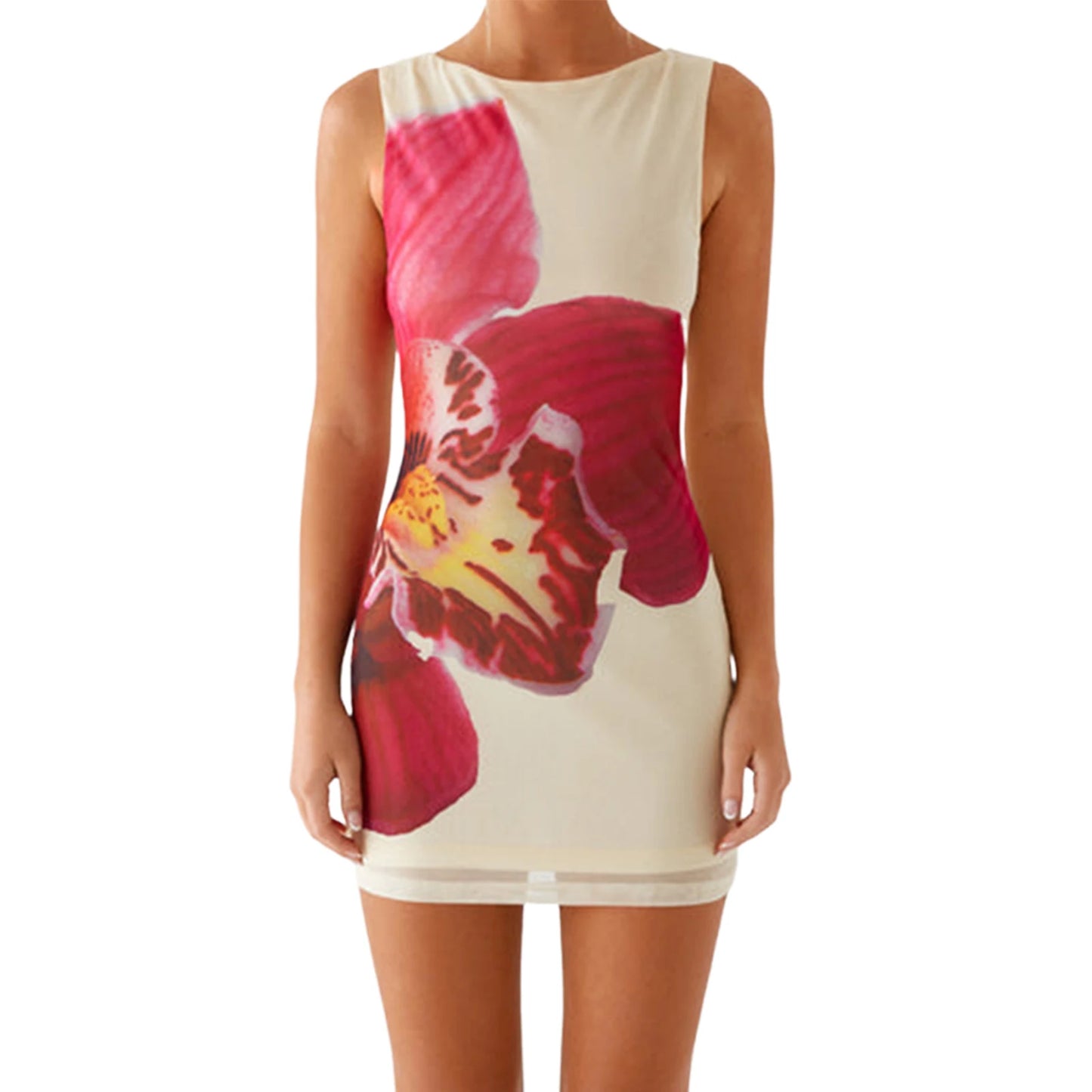 Women Floral Print Sleeveless Crew Neck Bodycon Mini Dress Fit Summer Tank Dress with Elegant Flower Pattern