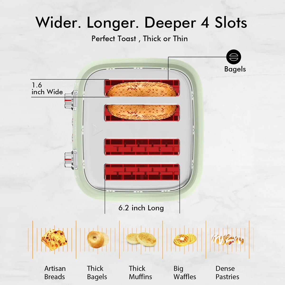 4 Slice Toaster, Extra Wide Slots, Retro Stainless Steel Toasters, 6 Browning Options, Auto Shut Off & Frozen Function, Green
