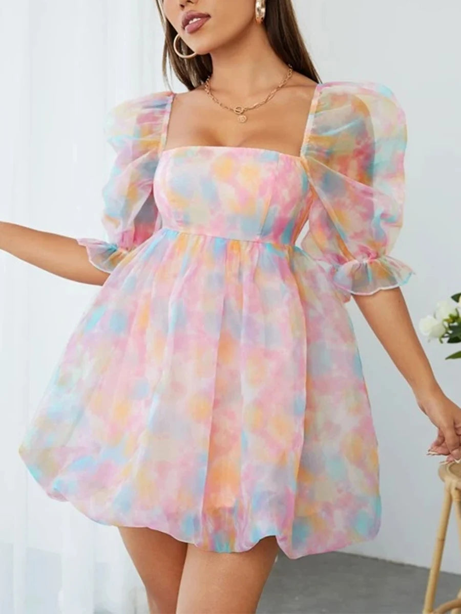 Women s Summer Casual A-line Dress Short Puff Sleeve Square Neck Colorful Pattern Print Dress