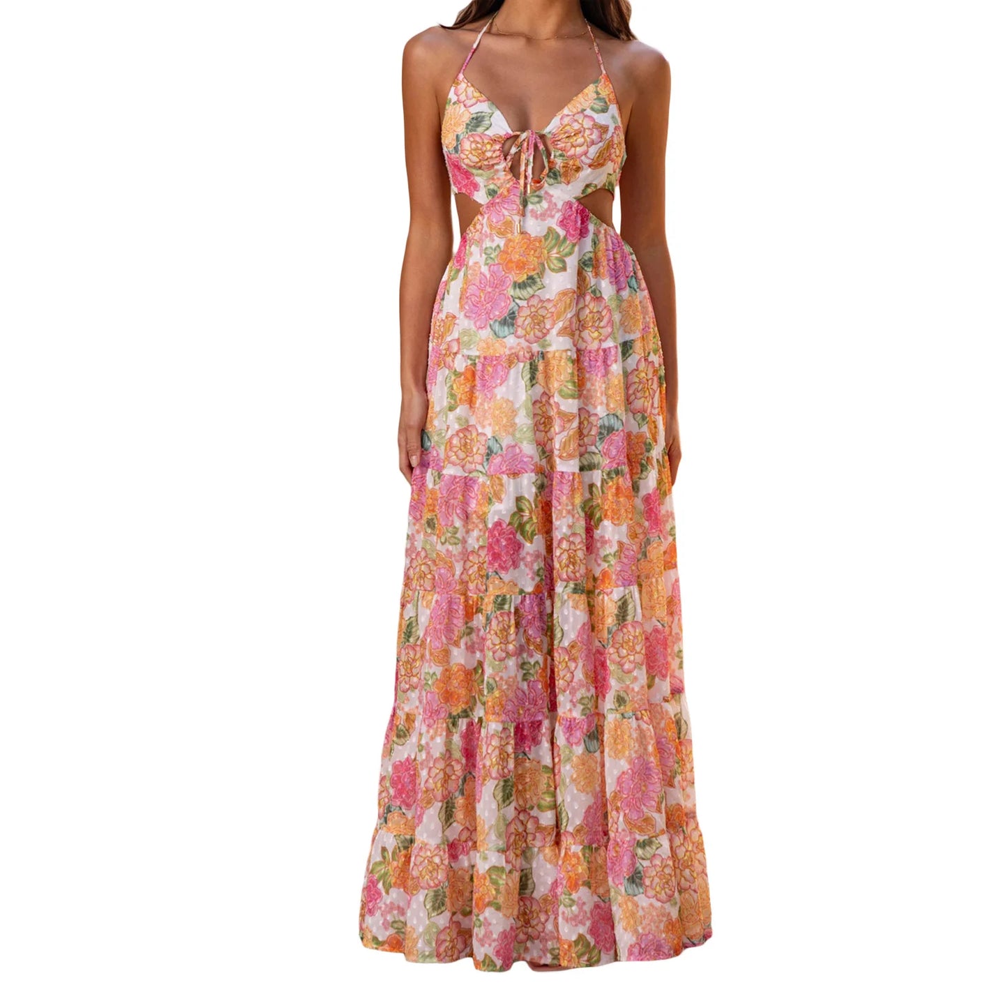 Elegant Maxi Dress with V-Neckline and Ruffle Detailing Boho Chic Sleeveless Floral Print Summer Dress for Women