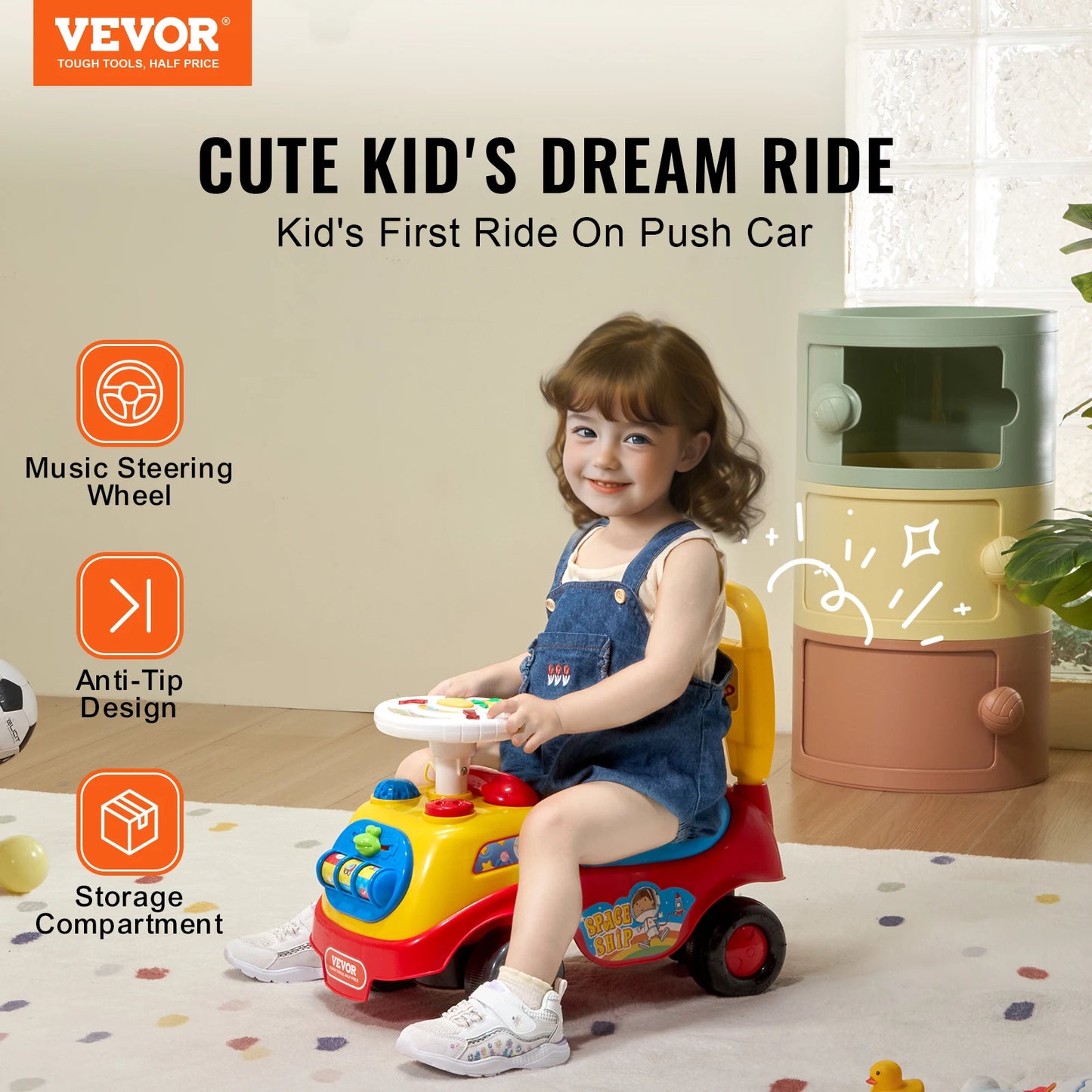 VEVOR Toddler Ride On Push Car Sit to Stand Kids Ride On Toy Car with Music Steering Wheel Seat Storage for Toddlers Ages 1-3