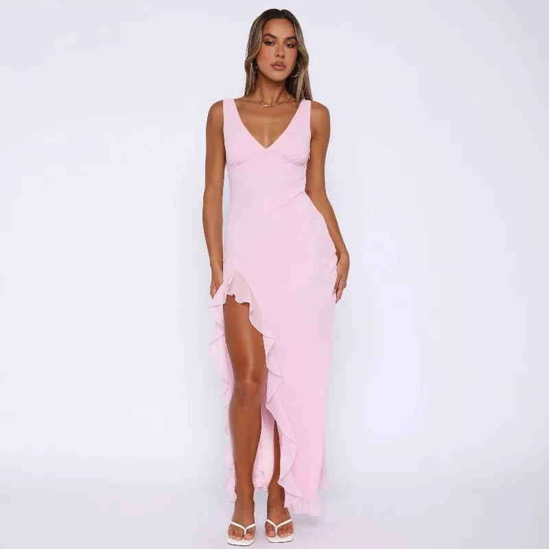 Ruffle Sexy Dresses Elegant Sleeveless cocktail dresses Solid Color V Neck Split Wooden Ear Long Club Party Evening Dresses