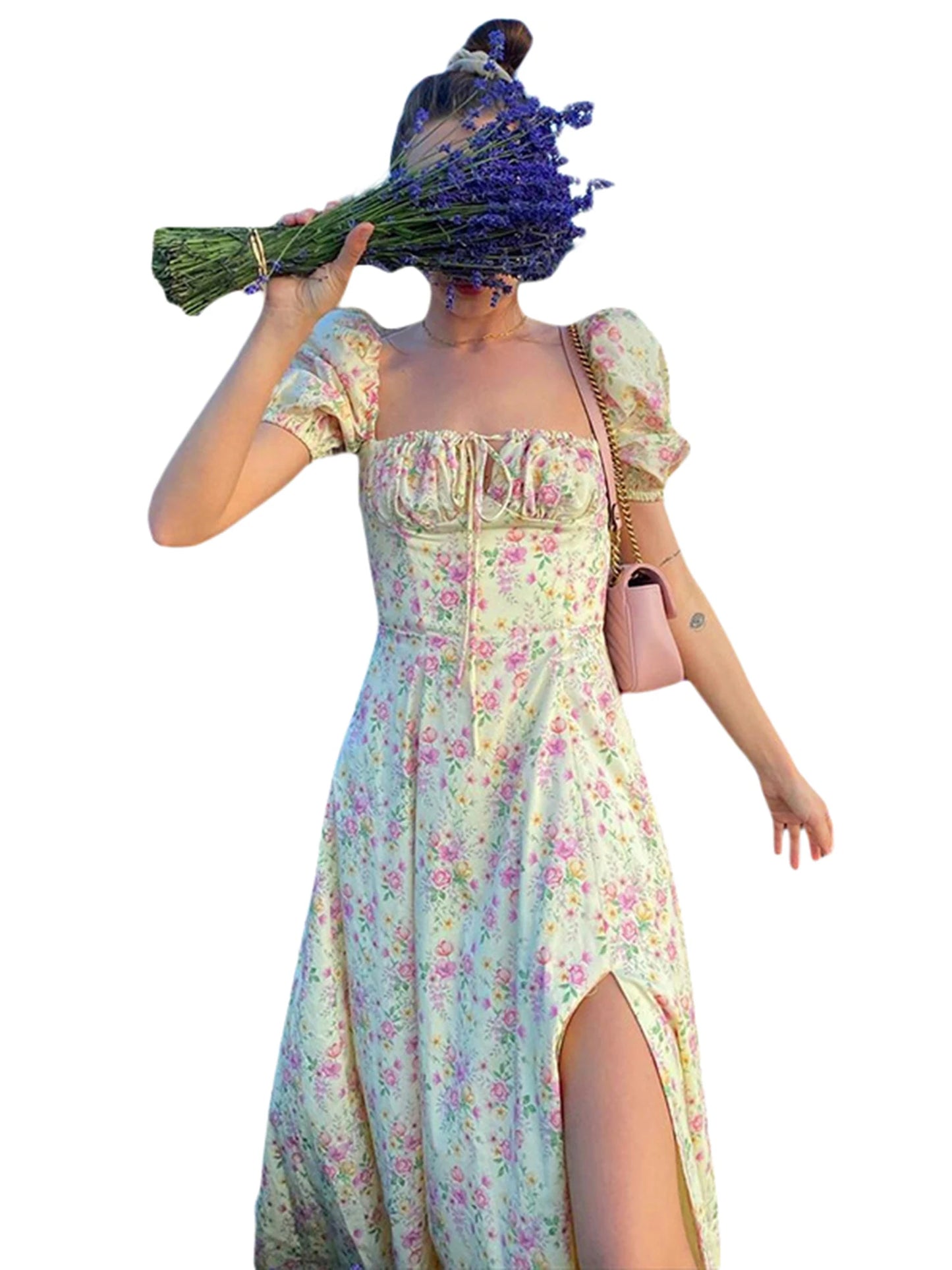 Elegant Women s Maxi Dress with Puff Sleeves Lace-Up Detail Floral Print and High Side Split for a Stylish Look