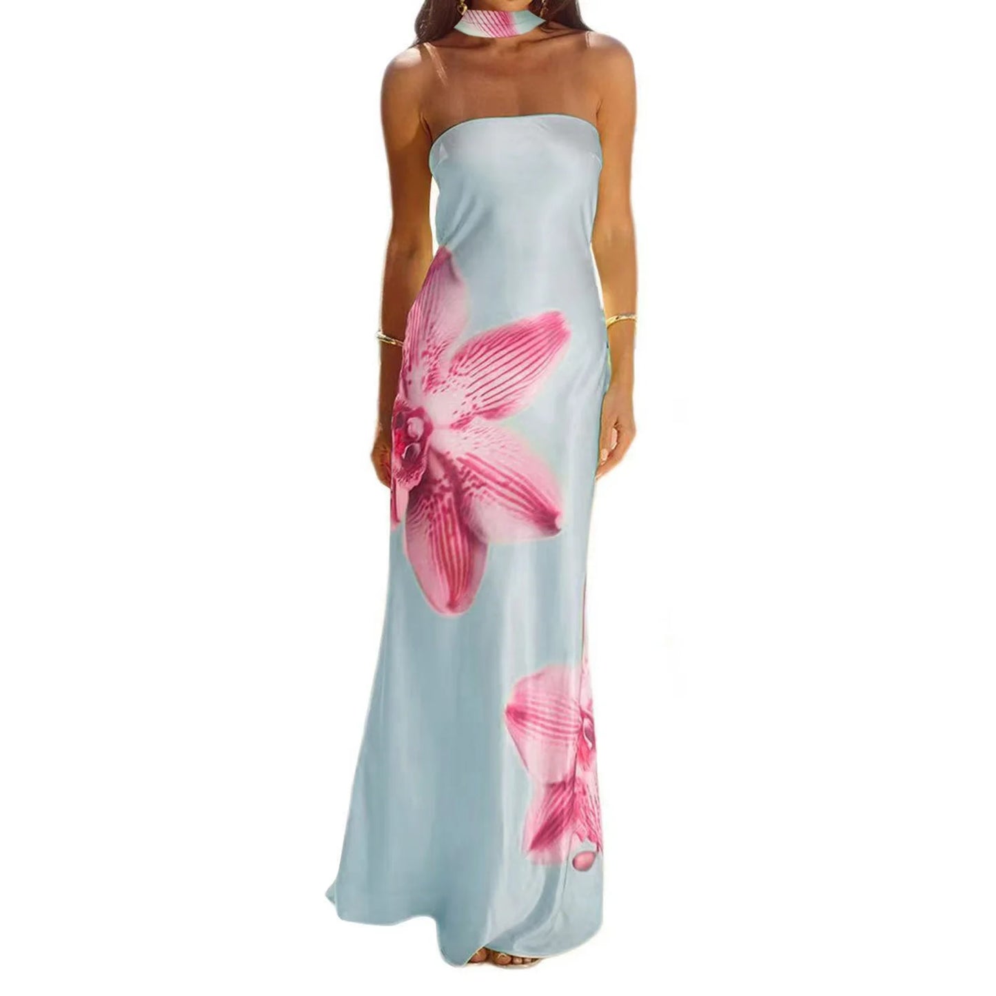 Elegant Off-Shoulder Maxi Dress with Floral Print and Matching Shawl Women s Sleeveless Summer Gown for Special Occasions